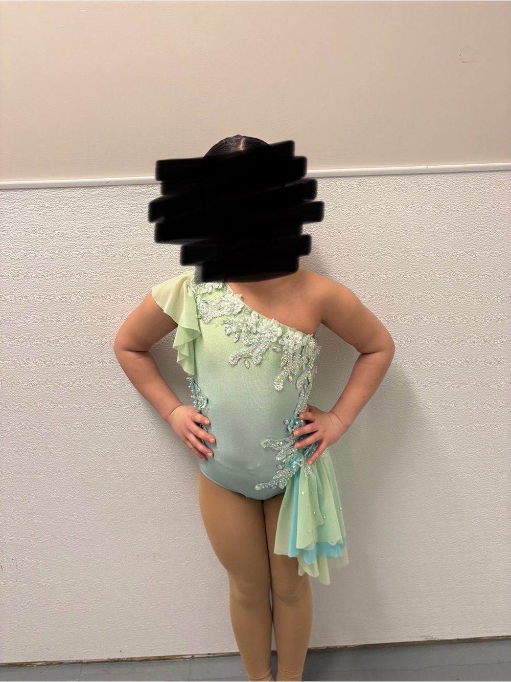 Glamour Light Green One-Shoulder Dance Leotard with Embellishments